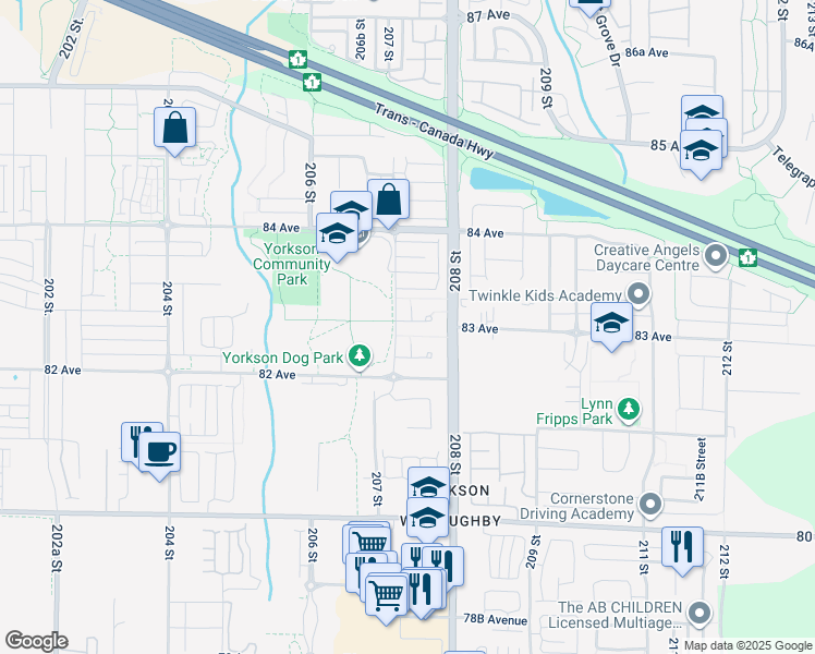 map of restaurants, bars, coffee shops, grocery stores, and more near 8288 207A Street in Langley Township