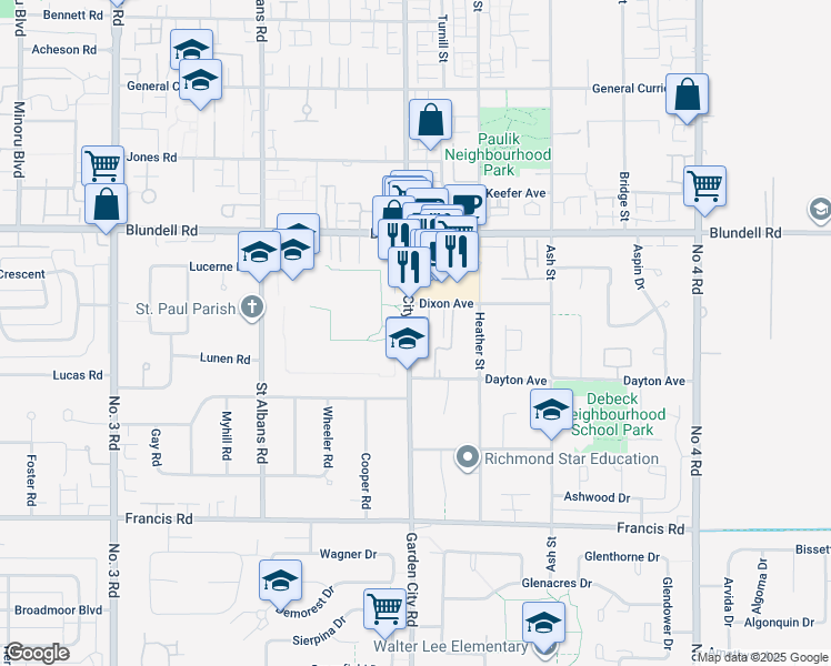 map of restaurants, bars, coffee shops, grocery stores, and more near 9020 Dixon Avenue in Richmond
