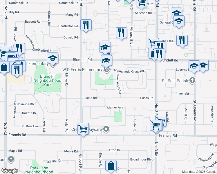 map of restaurants, bars, coffee shops, grocery stores, and more near 7531 Sunnybank Avenue in Richmond