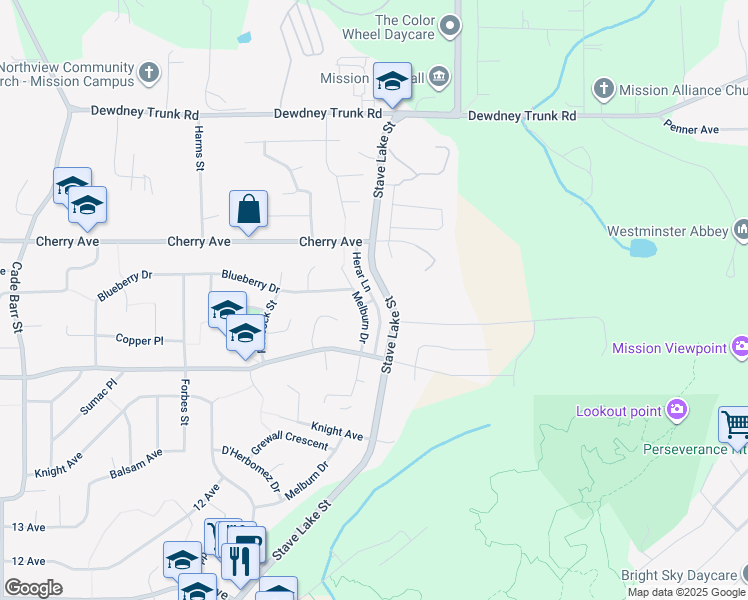 map of restaurants, bars, coffee shops, grocery stores, and more near Herar Lane in Mission
