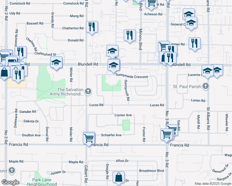 map of restaurants, bars, coffee shops, grocery stores, and more near 7531 Sunnybank Avenue in Richmond