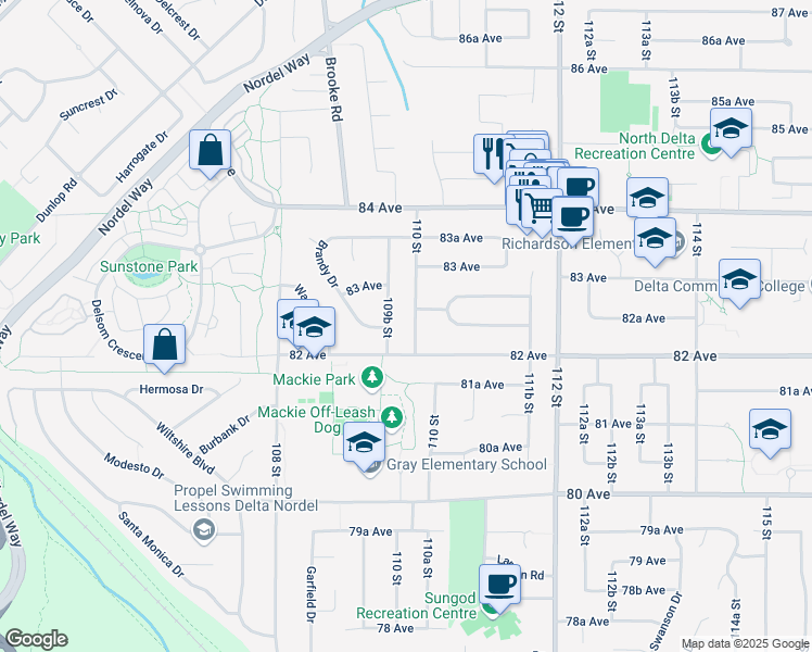 map of restaurants, bars, coffee shops, grocery stores, and more near 8235 110 Street in Delta