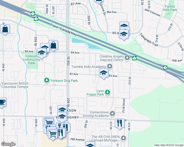 map of restaurants, bars, coffee shops, grocery stores, and more near 8341 209B Street in Langley City
