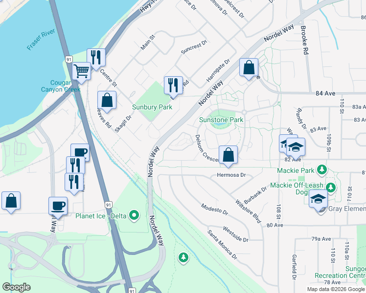 map of restaurants, bars, coffee shops, grocery stores, and more near 63-10489 Delsom Crescent in Delta
