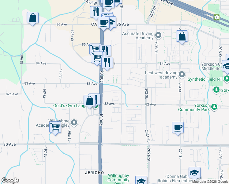 map of restaurants, bars, coffee shops, grocery stores, and more near 20057 82 Avenue in Langley Township