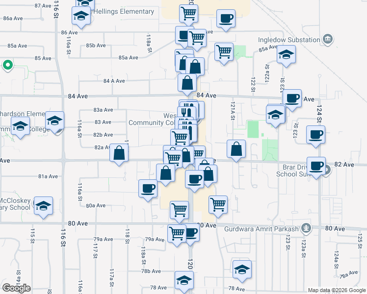 map of restaurants, bars, coffee shops, grocery stores, and more near 8255 120 Street in Delta