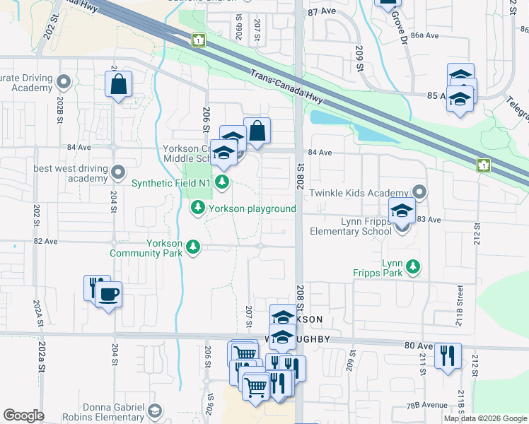 map of restaurants, bars, coffee shops, grocery stores, and more near 8288 207A Street in Langley Township
