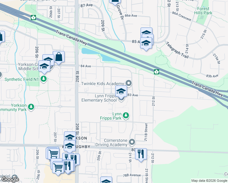 map of restaurants, bars, coffee shops, grocery stores, and more near 20997 83 Avenue in Langley