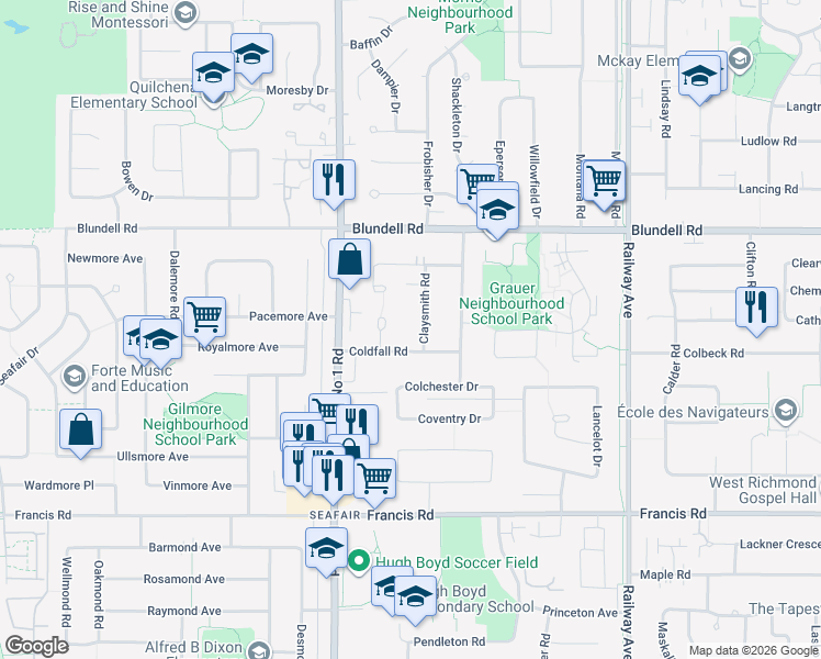 map of restaurants, bars, coffee shops, grocery stores, and more near 8251 Claysmith Road in Richmond