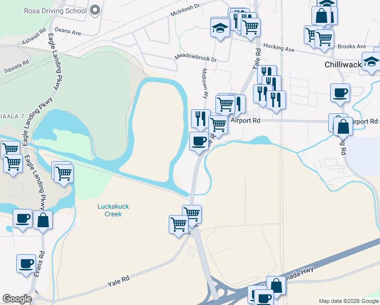 map of restaurants, bars, coffee shops, grocery stores, and more near 45567 Yale Road in Chilliwack