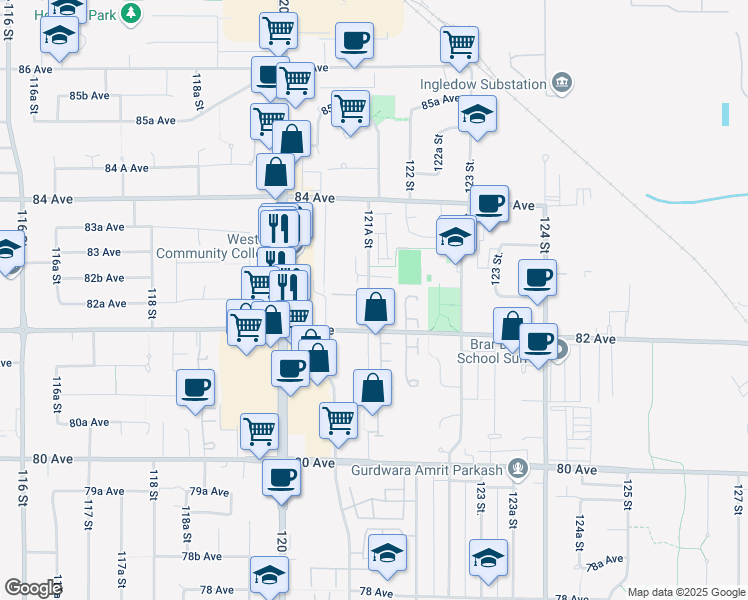 map of restaurants, bars, coffee shops, grocery stores, and more near 8280 121A Street in Surrey
