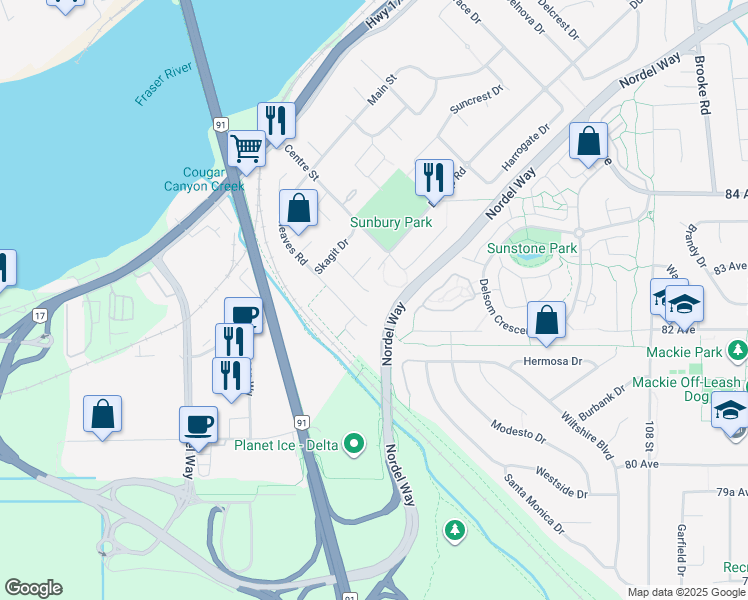 map of restaurants, bars, coffee shops, grocery stores, and more near 8201 Nechako Drive in Delta