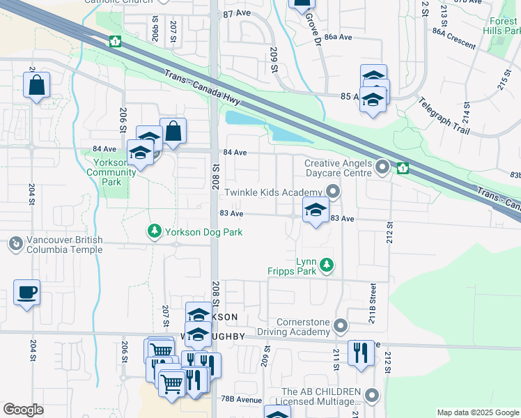 map of restaurants, bars, coffee shops, grocery stores, and more near 20901 83 Avenue in Langley Township