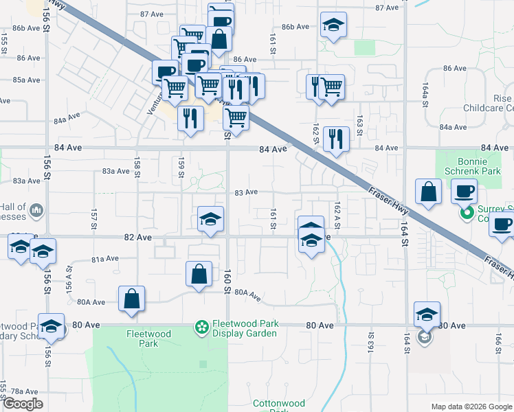 map of restaurants, bars, coffee shops, grocery stores, and more near 8277 161 Street in Surrey