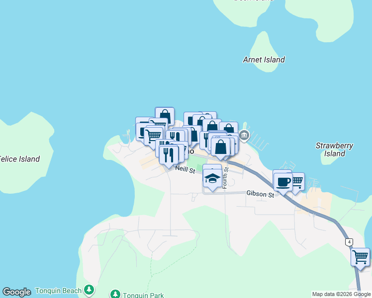 map of restaurants, bars, coffee shops, grocery stores, and more near 350 Campbell Street in Tofino