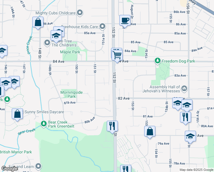 map of restaurants, bars, coffee shops, grocery stores, and more near 8244 151A Street in Surrey