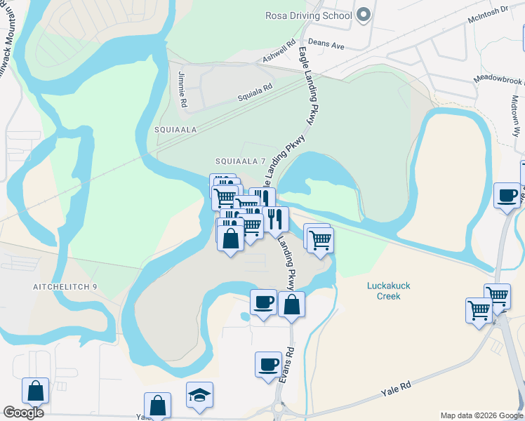 map of restaurants, bars, coffee shops, grocery stores, and more near 8249 Eagle Landing Parkway in Chilliwack