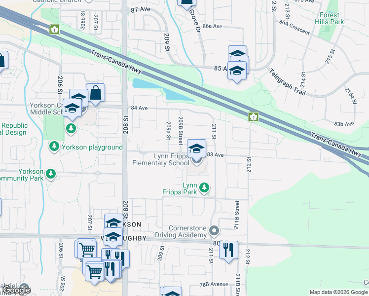 map of restaurants, bars, coffee shops, grocery stores, and more near 20997 83 Avenue in Langley Township
