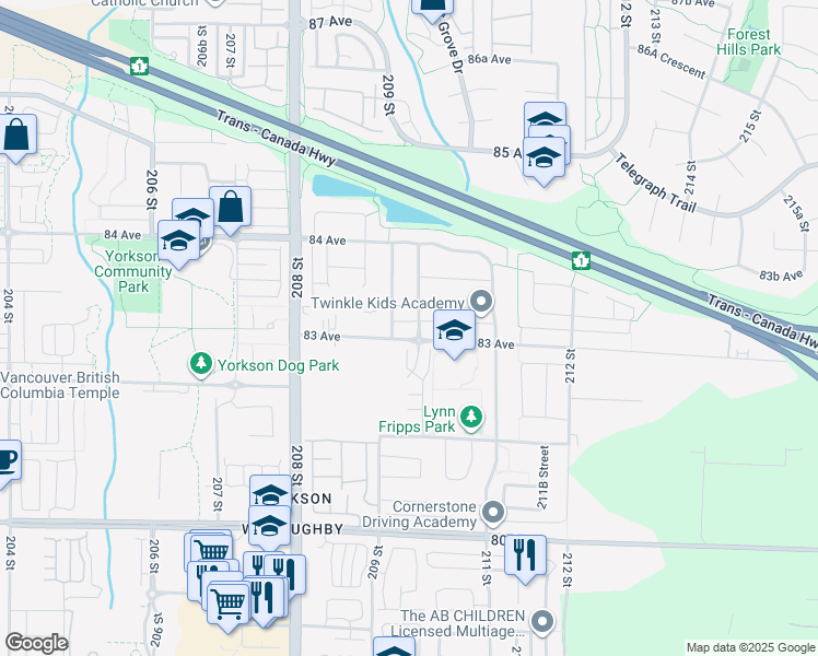 map of restaurants, bars, coffee shops, grocery stores, and more near 20959 83 Avenue in Langley Township