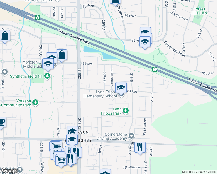 map of restaurants, bars, coffee shops, grocery stores, and more near 20957 83 Avenue in Langley Township