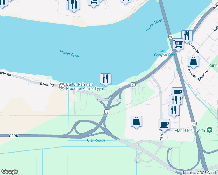 map of restaurants, bars, coffee shops, grocery stores, and more near 9857 River Road in Delta