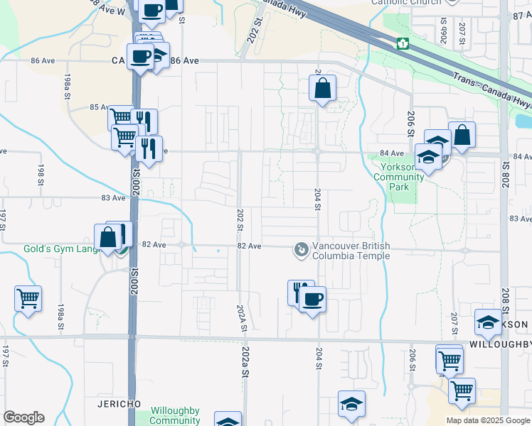 map of restaurants, bars, coffee shops, grocery stores, and more near 20260 82B Avenue in Langley Township