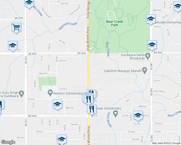 map of restaurants, bars, coffee shops, grocery stores, and more near 105 King George Boulevard in Surrey