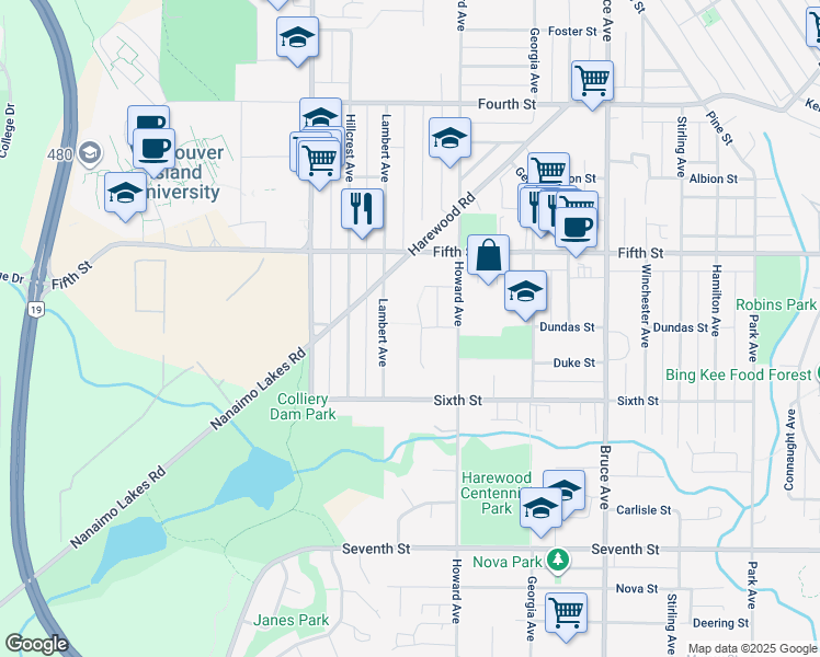 map of restaurants, bars, coffee shops, grocery stores, and more near 655 Abby Lane in Nanaimo