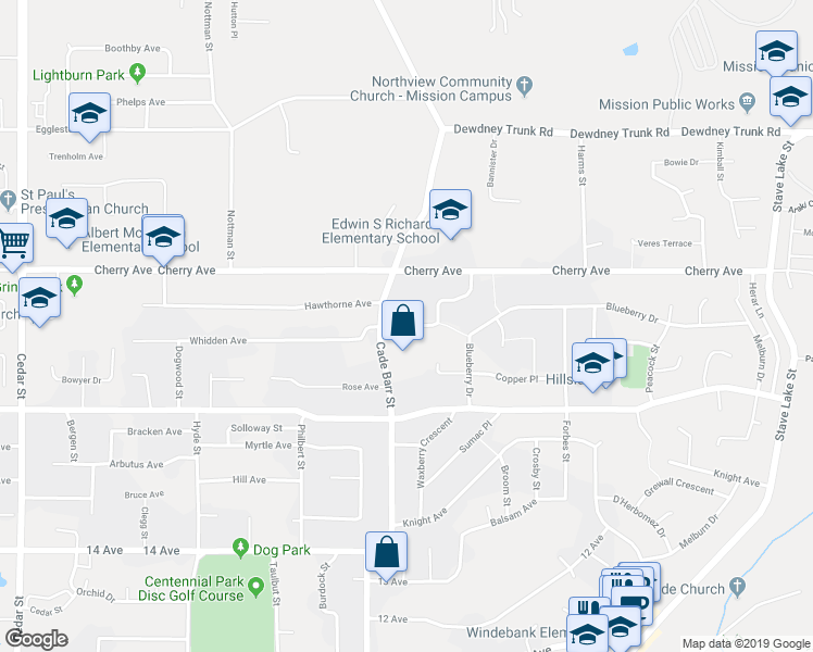 map of restaurants, bars, coffee shops, grocery stores, and more near 33359 Whidden Avenue in Mission