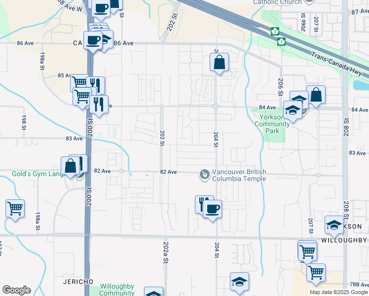 map of restaurants, bars, coffee shops, grocery stores, and more near 20278 82B Avenue in Langley Township