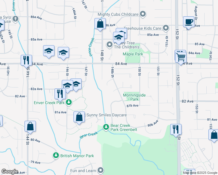 map of restaurants, bars, coffee shops, grocery stores, and more near 14832 83 Avenue in Surrey