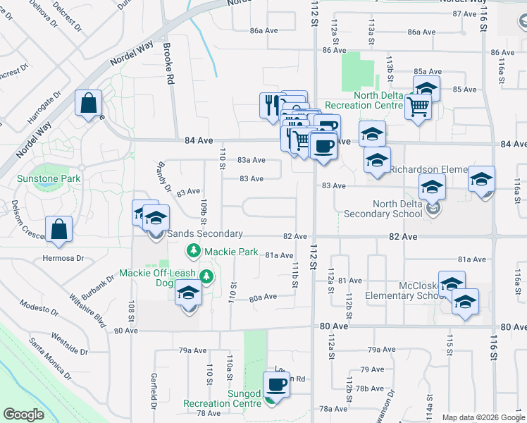 map of restaurants, bars, coffee shops, grocery stores, and more near 11089 Fuller Crescent South in Delta