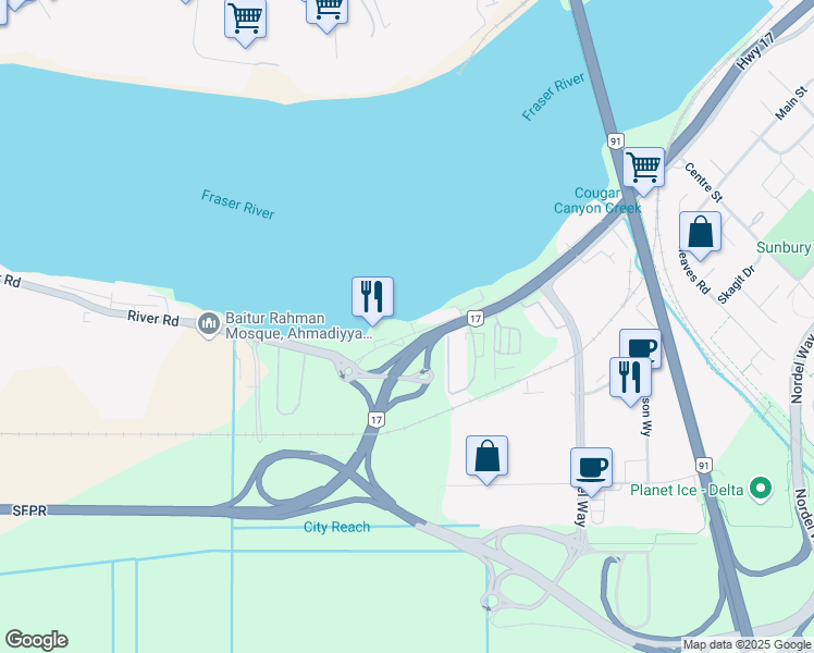 map of restaurants, bars, coffee shops, grocery stores, and more near 9857 River Road in Delta