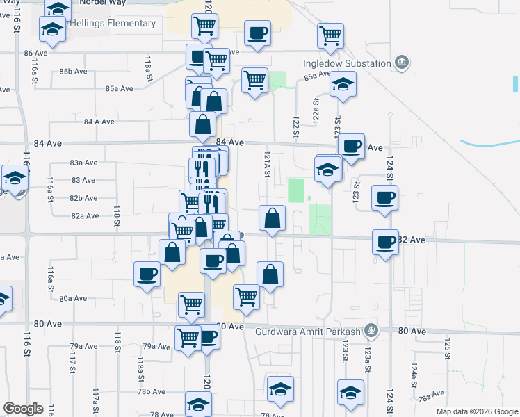 map of restaurants, bars, coffee shops, grocery stores, and more near 8257 121A Street in Surrey