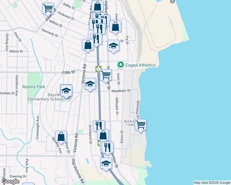 map of restaurants, bars, coffee shops, grocery stores, and more near 251 Needham Street in Nanaimo