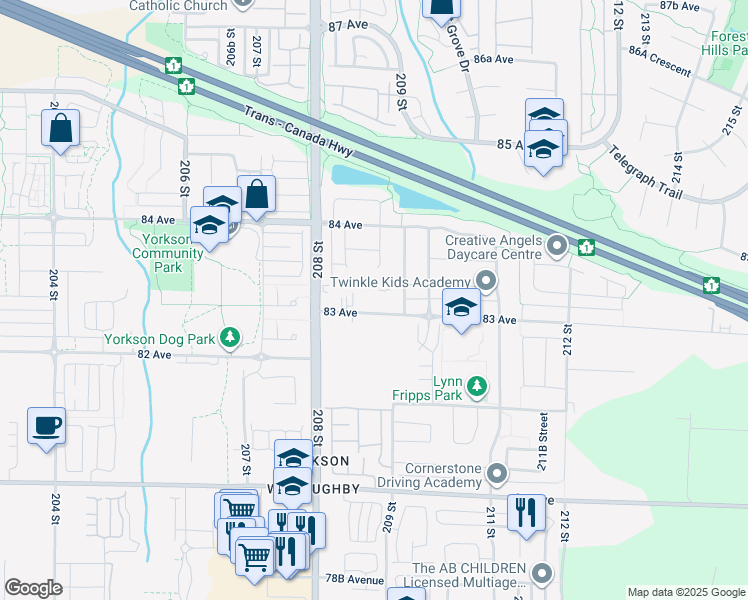 map of restaurants, bars, coffee shops, grocery stores, and more near 20861 83 Avenue in Langley Township