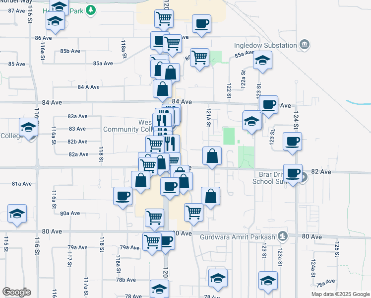 map of restaurants, bars, coffee shops, grocery stores, and more near 8255 120A Street in Surrey