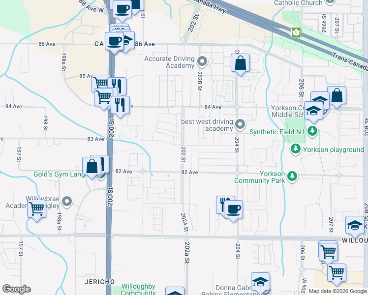 map of restaurants, bars, coffee shops, grocery stores, and more near 8256 202 Street in Langley Township