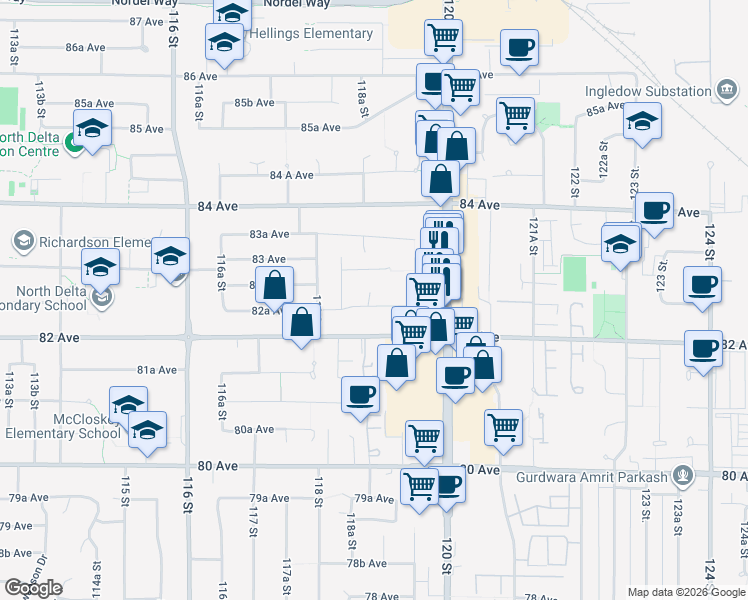 map of restaurants, bars, coffee shops, grocery stores, and more near 11895 82A Avenue in Delta