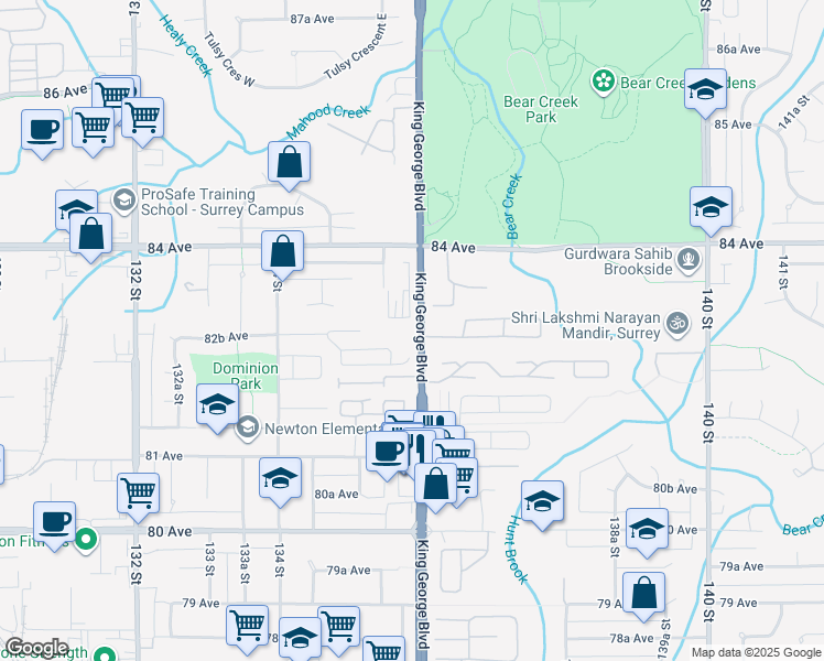 map of restaurants, bars, coffee shops, grocery stores, and more near 8293 King George Boulevard in Surrey