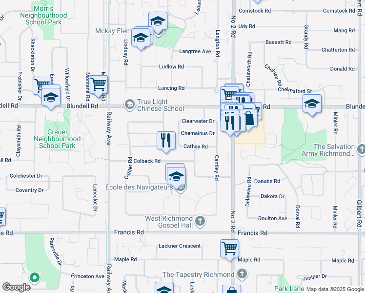map of restaurants, bars, coffee shops, grocery stores, and more near 5471 Cathay Road in Richmond