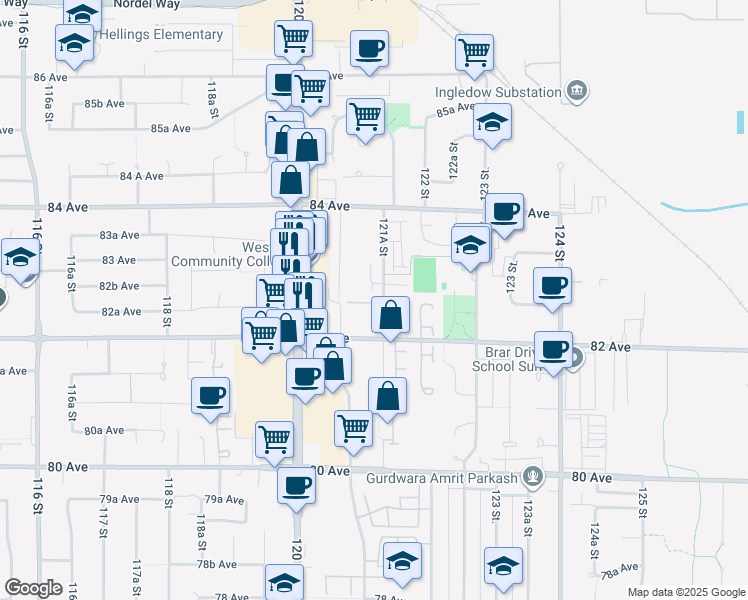 map of restaurants, bars, coffee shops, grocery stores, and more near 8257 121A Street in Surrey