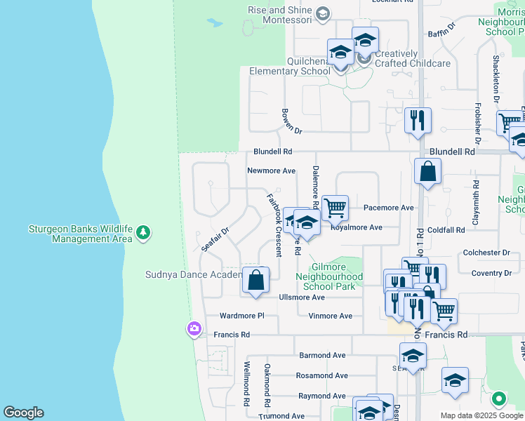 map of restaurants, bars, coffee shops, grocery stores, and more near 8100 Fairlane Road in Richmond