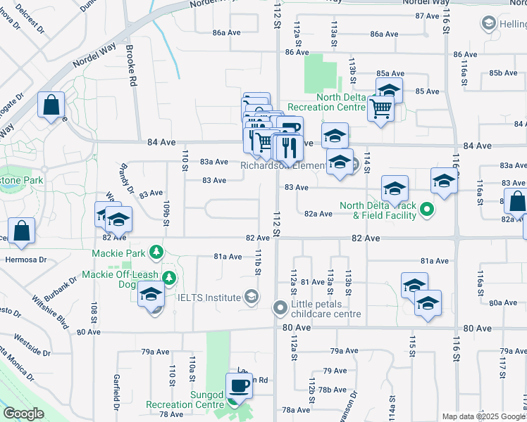 map of restaurants, bars, coffee shops, grocery stores, and more near 8258 111B Street in Delta