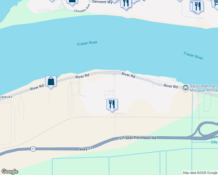 map of restaurants, bars, coffee shops, grocery stores, and more near 8257 92 Street in Delta