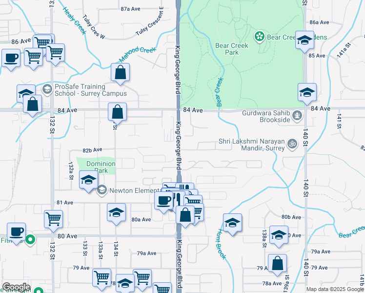 map of restaurants, bars, coffee shops, grocery stores, and more near 8266 King George Boulevard in Surrey