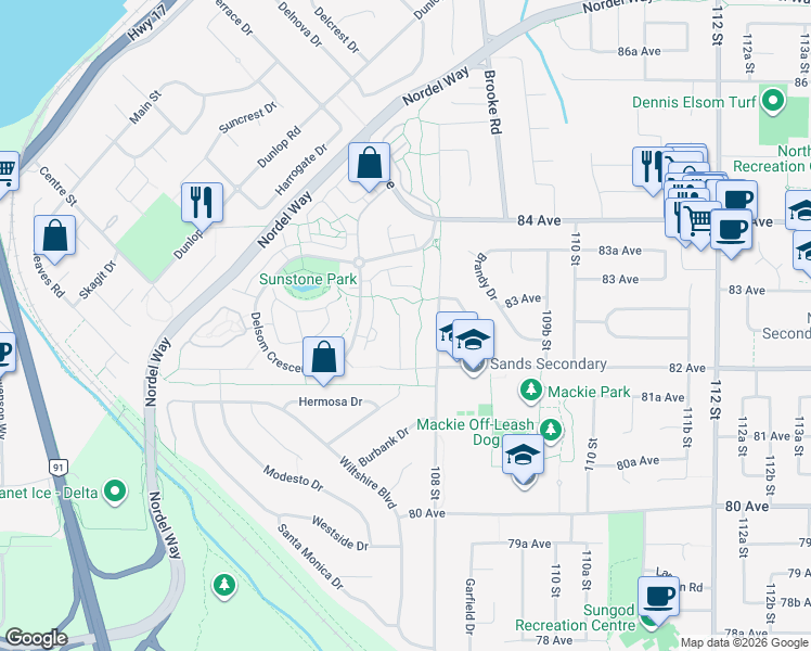 map of restaurants, bars, coffee shops, grocery stores, and more near 8256 Trondheim Drive in Delta
