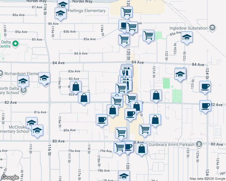 map of restaurants, bars, coffee shops, grocery stores, and more near 11935 82A Avenue in Delta