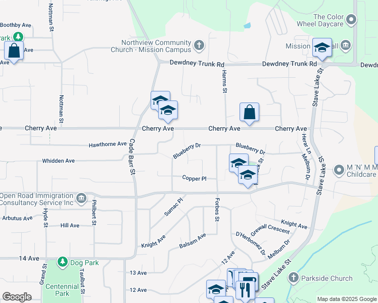 map of restaurants, bars, coffee shops, grocery stores, and more near 33480 Blueberry Drive in Mission