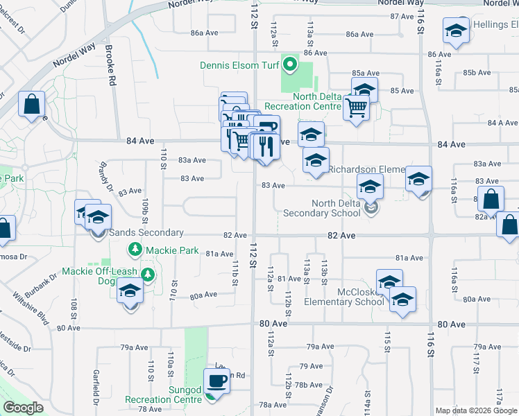 map of restaurants, bars, coffee shops, grocery stores, and more near 8250 112 Street in Delta